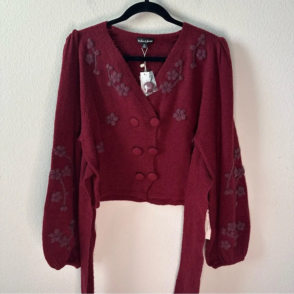 NWT For Love And Lemons Adalyn Red Floral Crop Cardigan Sweater SZ XL - Picture 3 of 11